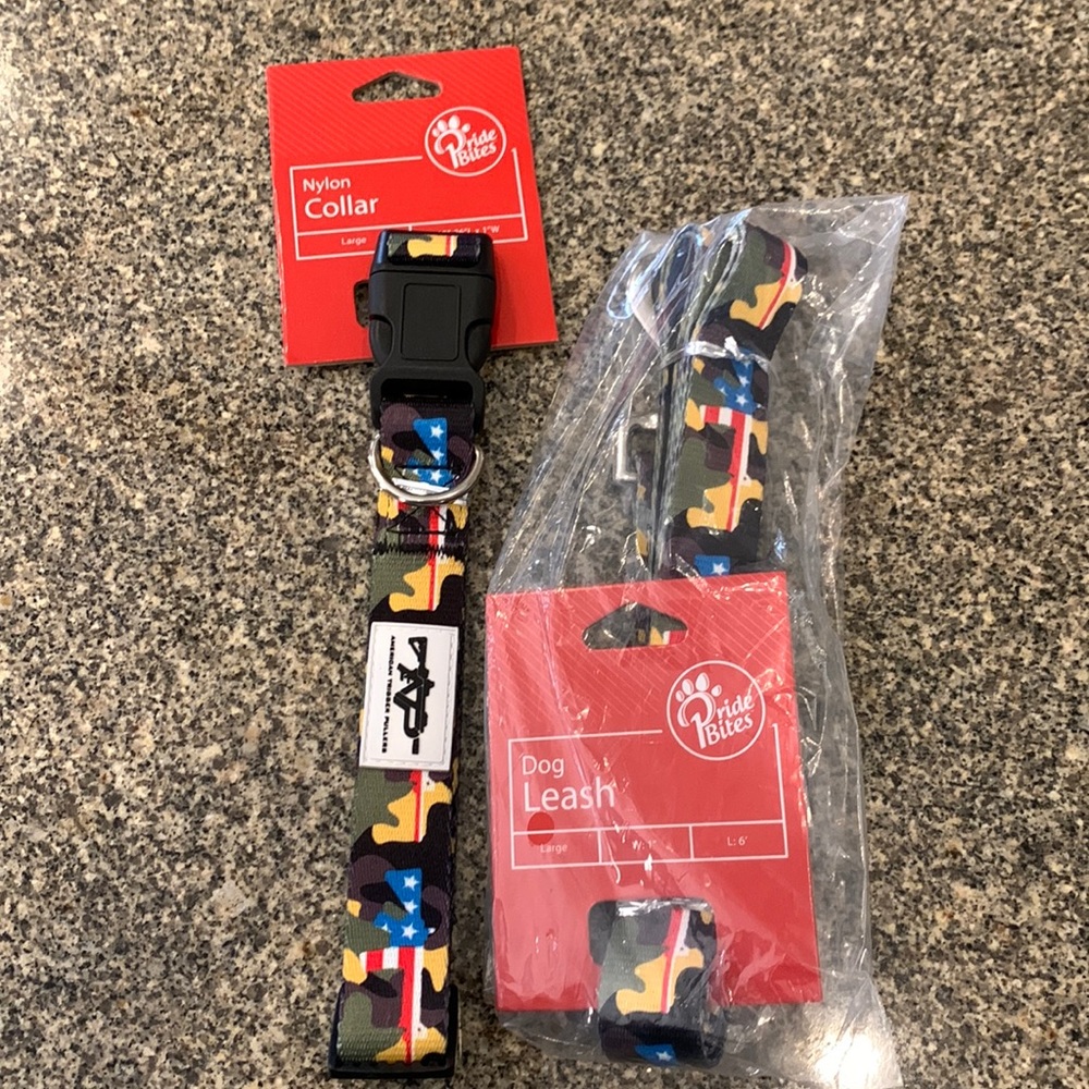Pride Bites NWT Dog Collar and Leash Set American Trigger Pullers Size Large